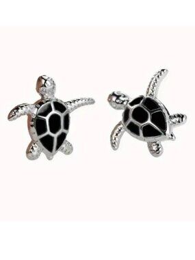 Sea Turtle Earrings Enamel Studs Silver Black Dainty Inlayed Onyx Fun Minimalist